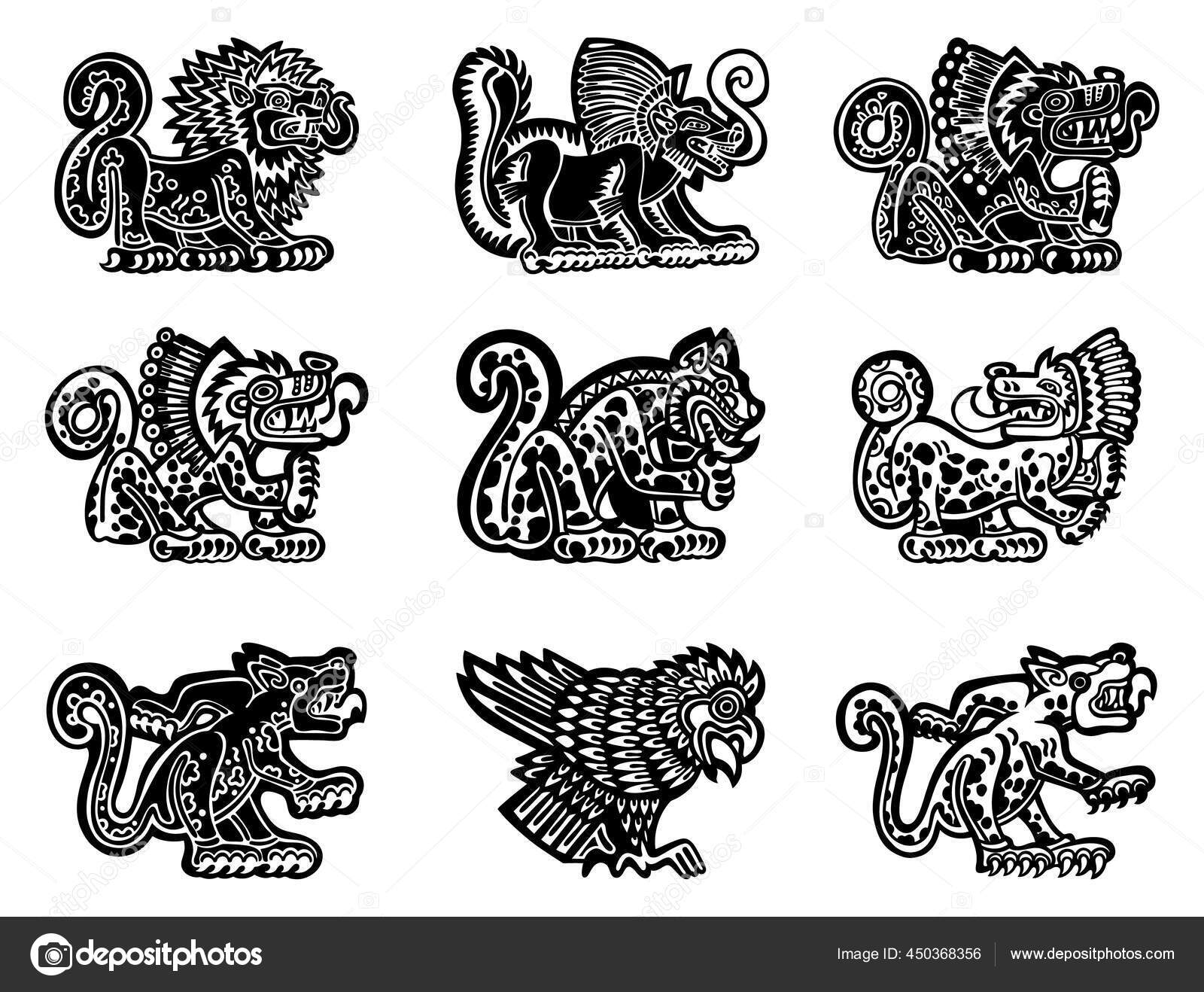 Set Stylized Petroglyph Style Drawings Jaguar Lion Snake American Set Stylized Petroglyph Style Drawings Jaguar Lion Snake American