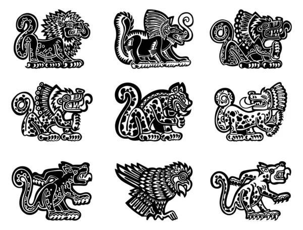 Set Disegni Stilizzati Stile Petroglifo Giaguaro Leone Serpente Stile Tribale — Vettoriale Stock