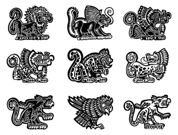 Jaguar, aslan ve yılan şekillendirilmiş petroglyph çizimleri. Amerikan yerli kabile tarzı, Aztek ya da Maya sanatı. Siyah ve beyaz, logo tasarımı için izole edilmiş. Vektör illüstrasyonu.