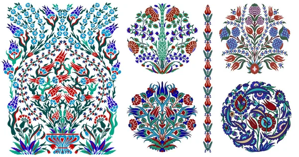 Doğulu altı Özbek, Farsça, Arap asıllı boho tarzı damasyon İslamsal süsleme motifleri ve kırmızı, mavi, yeşil ve turkuaz renkli elementlerden oluşan bir set. Vektör illüstrasyonu.