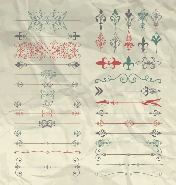 Divisores dibujados a mano, flechas, remolinos sobre papel arrugado — Archivo Imágenes Vectoriales