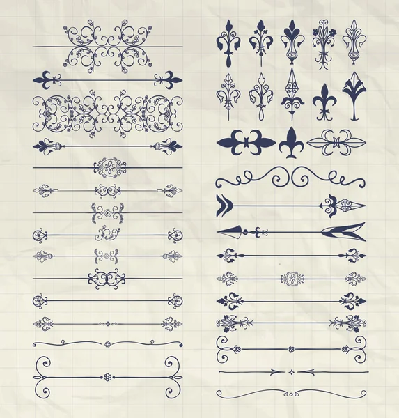 Divisores desenhados à mão, setas, redemoinhos no papel do caderno —  Vetores de Stock