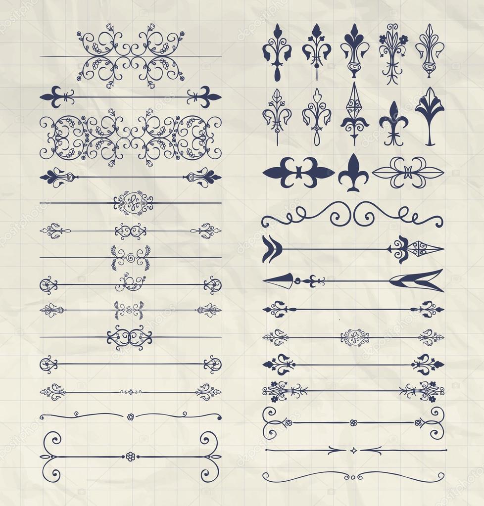 Hand Drawn Dividers, Arrows, Swirls on Notebook Paper