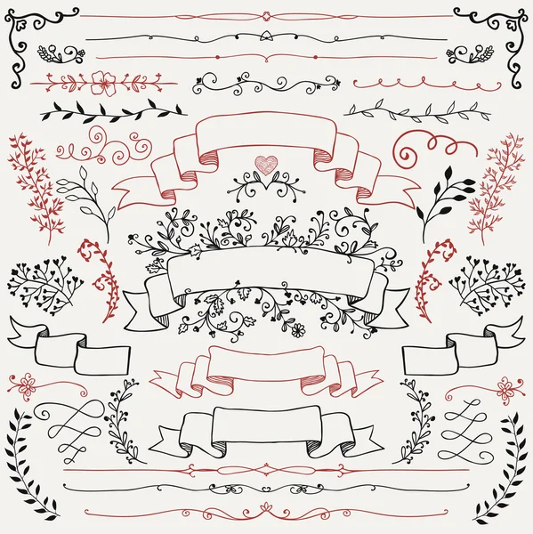 Hand Drawn Floral Design Elements, Ribbons — Stock Vector
