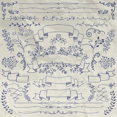 Elle çizilmiş çiçek tasarım öğeleri, kurdeleler, bölücüler