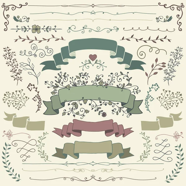 Éléments de conception florale dessinés à la main, rubans, diviseurs — Image vectorielle