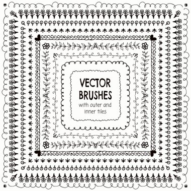 Vektör elle çizilmiş Balck desen fırçaları, kenarlıklar, çerçeveler
