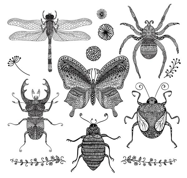 Coleção de vetores de insetos rabiscos desenhados à mão preta —  Vetores de Stock