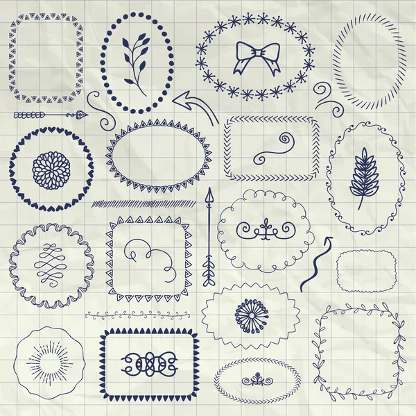 Vector Decorative Pen Drawing Borders, Frames, Elements — Stock Vector