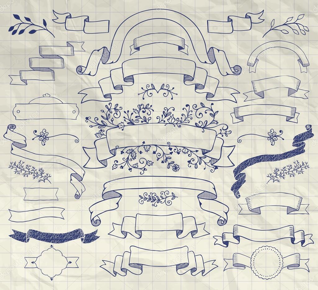 Insieme degli elementi di disegno variopinto di Doodle disegnato a mano Ban re floreali decorativi nastri Penna disegno Vintage Vector Illustration