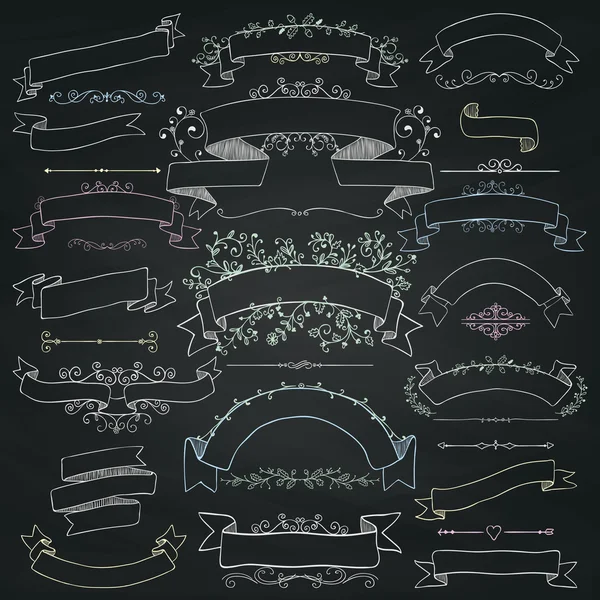 Chalk Drawing Floral Design Elements, Ribbons, Banners — Stock Vector