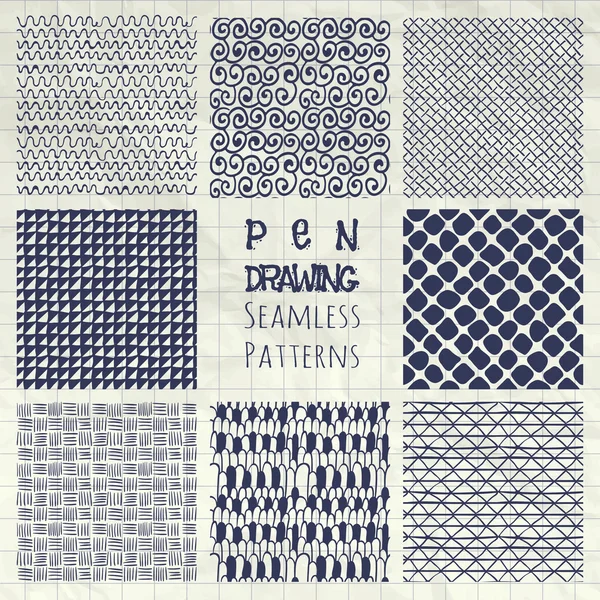 Abstract Pen Drawing Seamless Background Patterns Set — Stock Vector