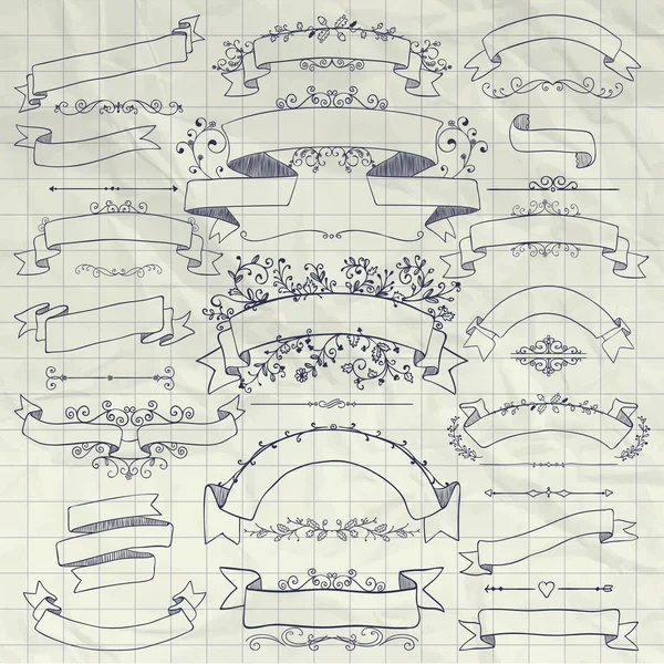 Dibujo a pluma Elementos de diseño floral, cintas, pancartas — Archivo Imágenes Vectoriales