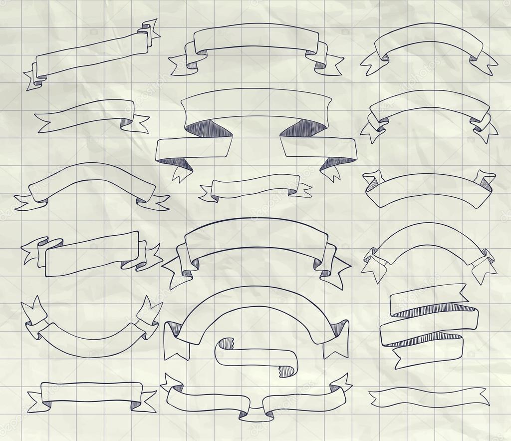 Collection of Vector Pen Drawing Ribbons, Banners Stock Vector Image by