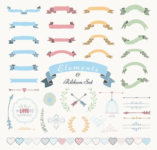 Vector Colorful Hand Drawn Design Elements and Ribbon Set — Stock Vector