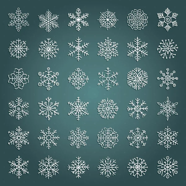 Vector White Hand Drawn Winter Snow Flakes Doodles — Stock Vector