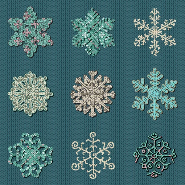 Conjunto de nueve copos de nieve cosidos lindo vector — Archivo Imágenes Vectoriales