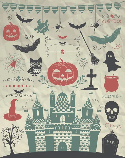 Vector mano dibujado Doodle iconos de Halloween en papel arrugado — Archivo Imágenes Vectoriales