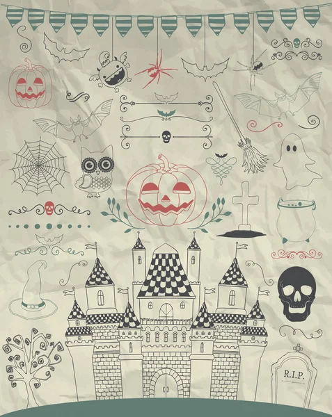 Vector mano dibujado Doodle iconos de Halloween en papel arrugado — Archivo Imágenes Vectoriales