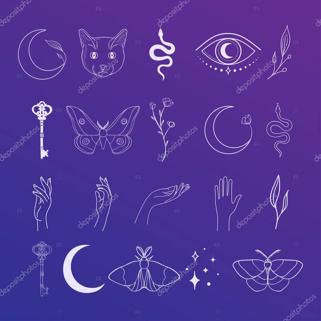 Collection of white vector abstract spiritual line drawing logo design elements, decorative illustrations and icons for various ocasions and purposes. Trendy lineart style