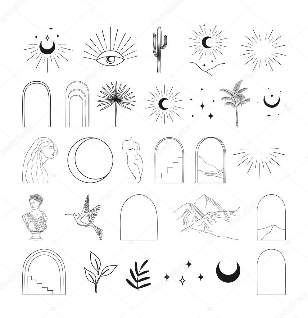 Collection of black vector abstract modern arch esoteric line drawing logo design elements, decorative illustrations and icons for various occasions and purposes. Trendy line art style