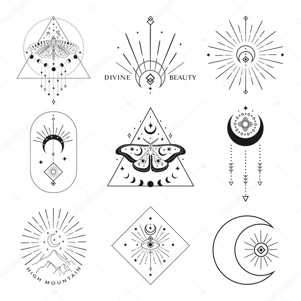 Collection of black vector abstract spiritual esoteric line drawing logo design elements and templates, decorative illustrations and icons for various ocasions and purposes. Trendy lineart style