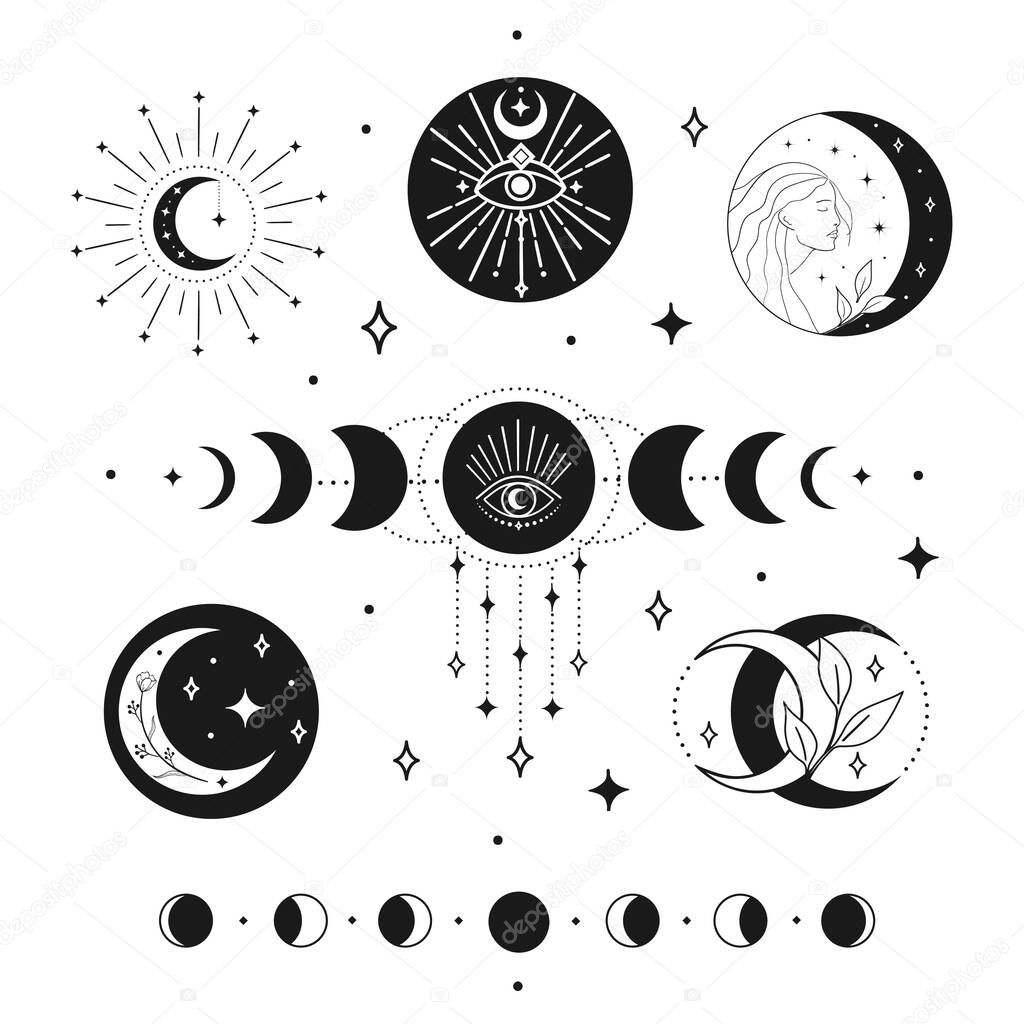 Collection of black vector abstract spiritual esoteric line drawing logo design elements and templates, decorative illustrations and icons for various ocasions and purposes. Trendy lineart style