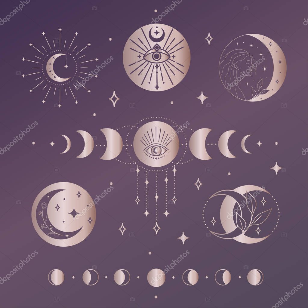 Collection of pink gold vector abstract spiritual esoteric line drawing logo design elements and templates, decorative illustrations and icons for various ocasions and purposes. Trendy lineart style