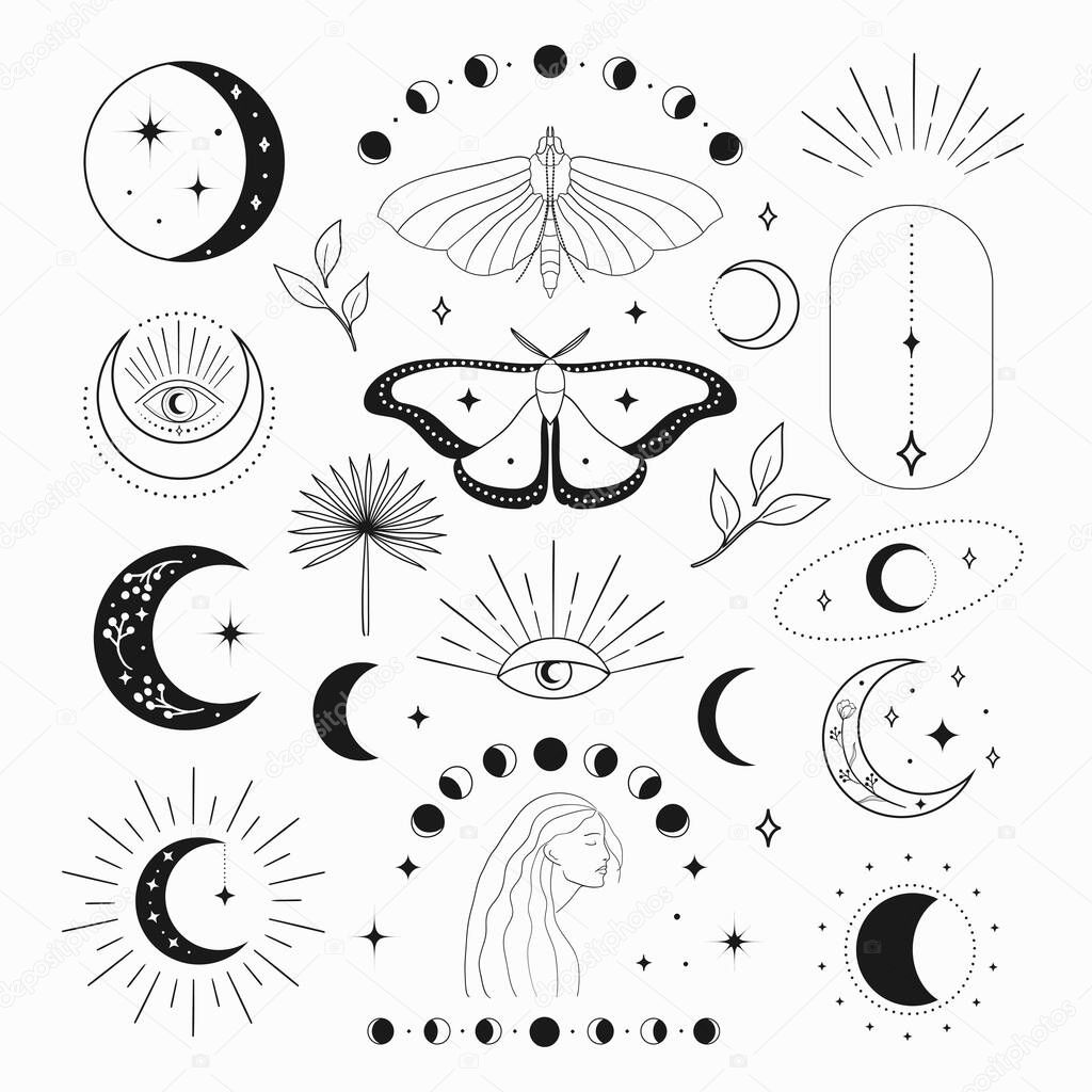 Collection of black vector abstract spiritual esoteric line drawing logo design elements and templates, decorative illustrations and icons for various ocasions and purposes. Trendy lineart style