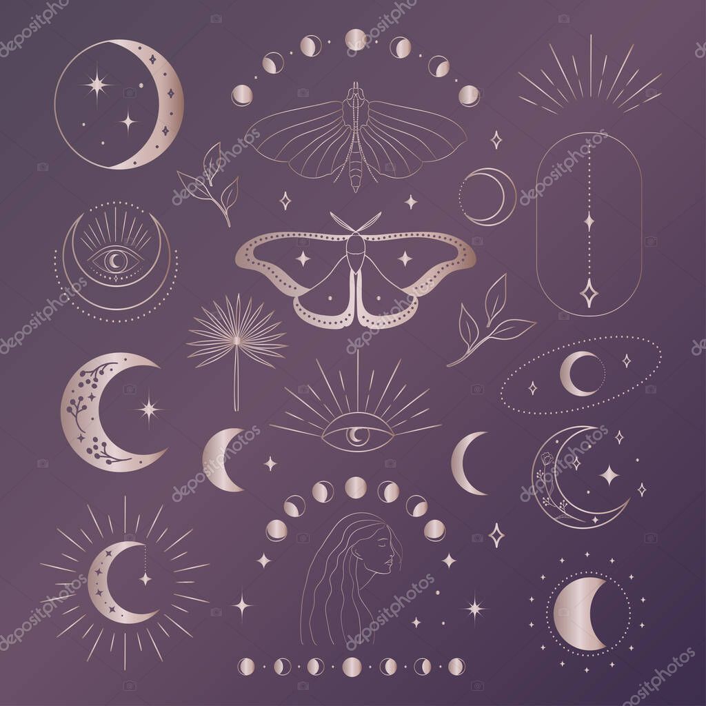 Collection of pink golden vector abstract spiritual esoteric mystic line drawing logo design elements, decorative illustrations and icons for various occasions and purposes. Trendy lineart style