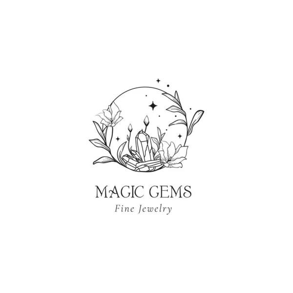 Diseño del logotipo místico floral. Gemas mágicas hechas a mano. — Archivo Imágenes Vectoriales