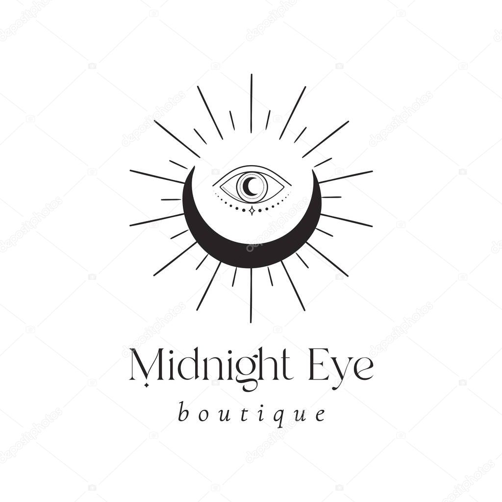Mysterious Premade Logo Design Template. Eye Logotype with crescent and sparkles. Esoteric mystic, magical symbols - decorative sunbursts, crescent, eye. Vector illustration