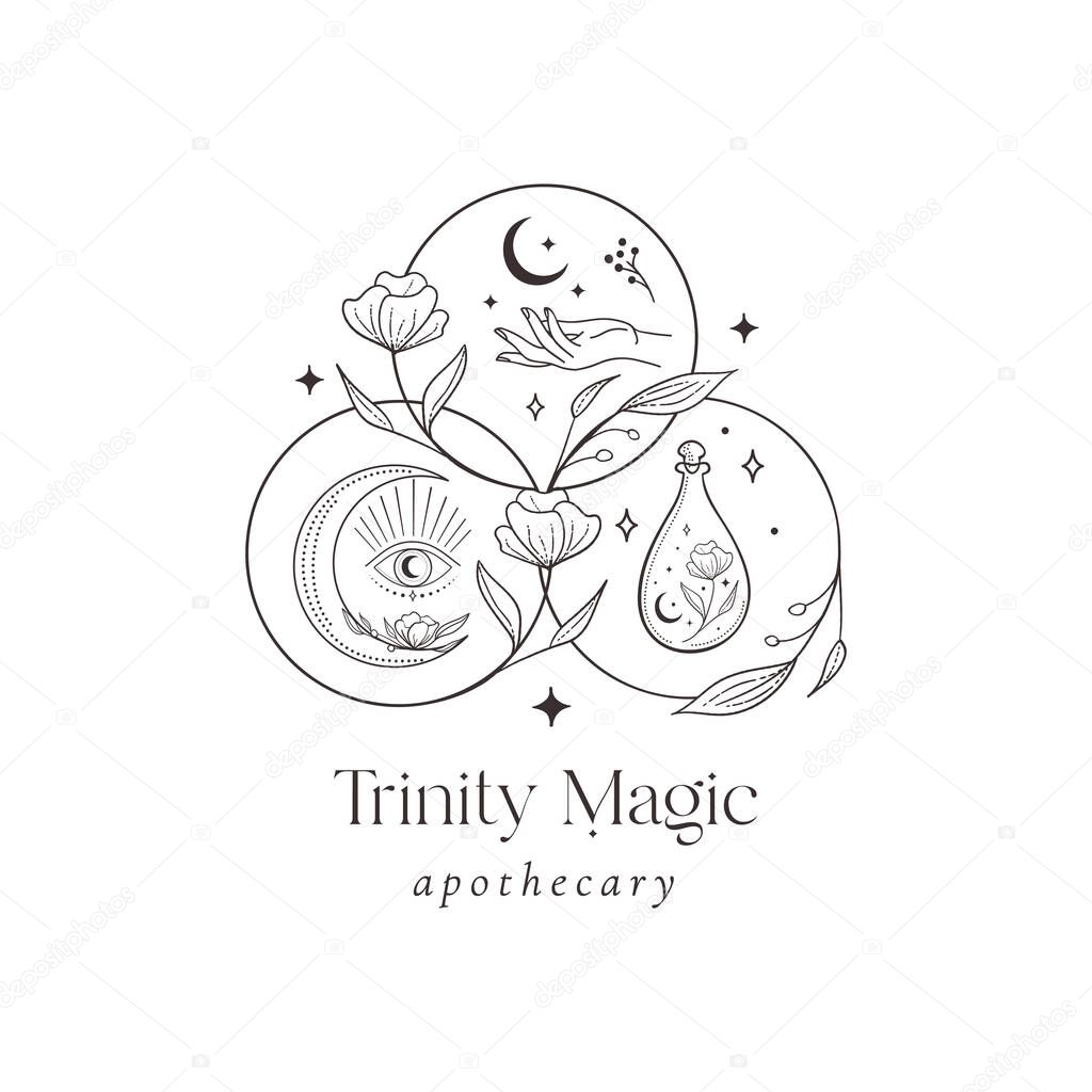 Mysterious Premade Logo Design Template. Flower Logotype with stars and sparkles. Esoteric mystic, floral symbols - decorative flowers, branches. Vector illustration