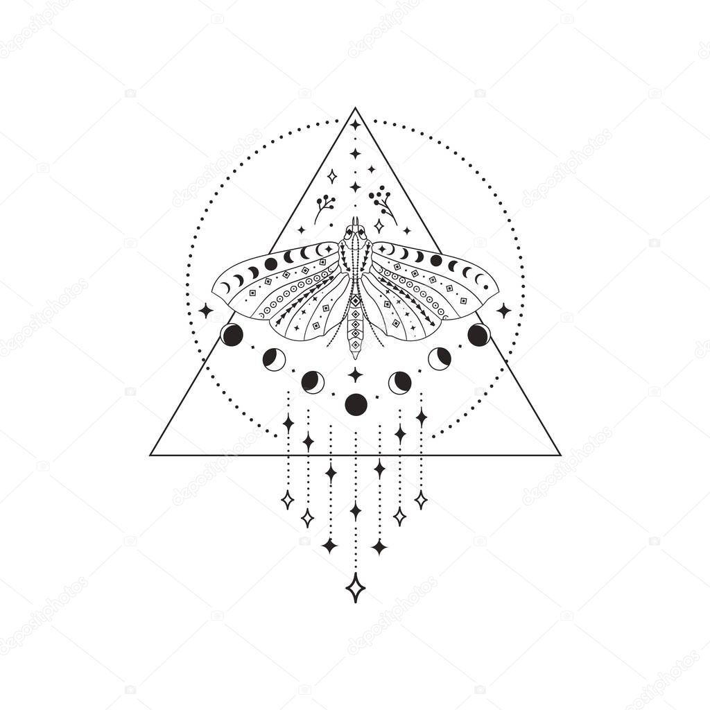Abstract Black esoteric mystic premade logo design with symbols - decorative moon phases and stars, moth, butterfly, tribal patterns, Crescent, triangle, dots, circle, branches. Branding