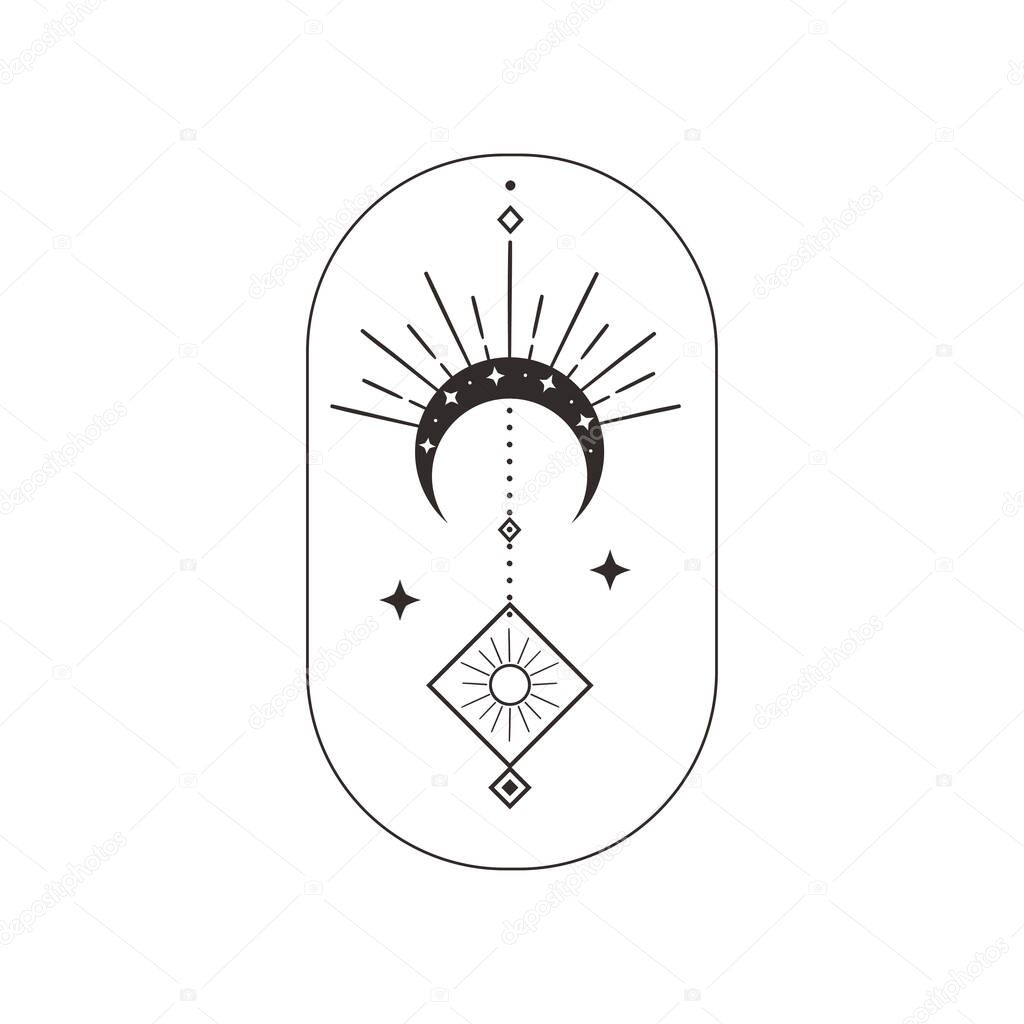 Abstract Black esoteric mystic premade logo design with symbols - decorative moon phases and stars, tribal patterns, dots, Crescent, sun, rays. Branding
