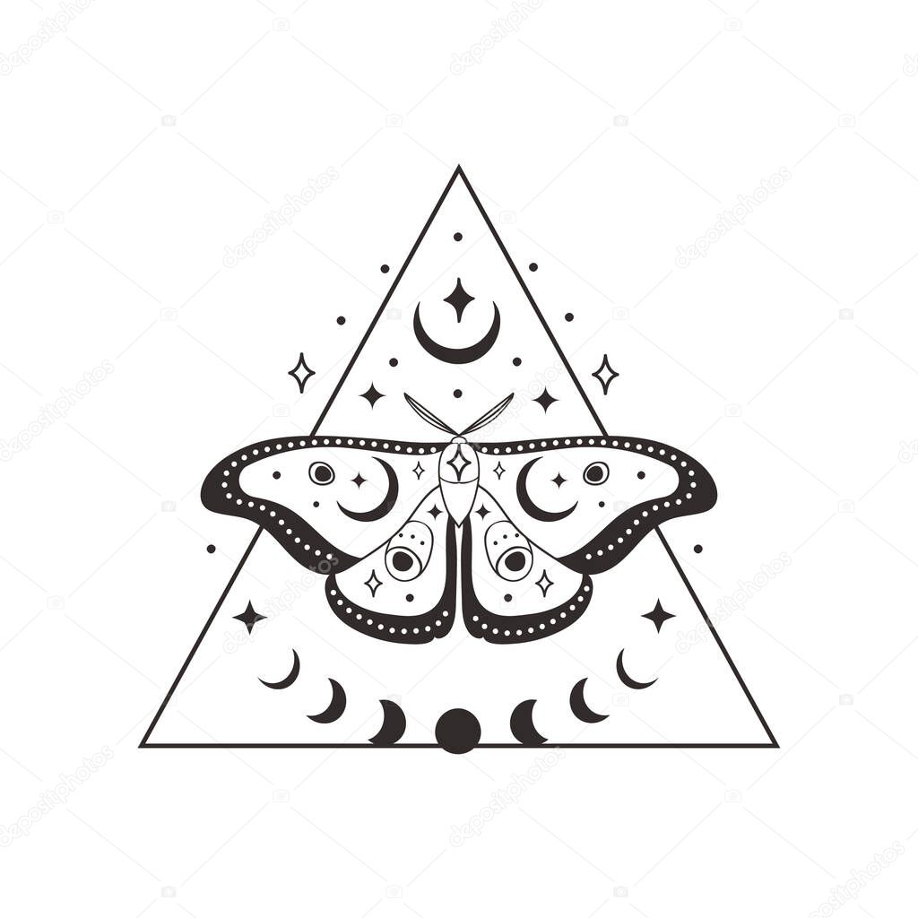 Abstract Black esoteric mystic premade logo design with symbols - decorative moon phases and stars, tribal patterns, dots, Crescent, sun, rays. Branding