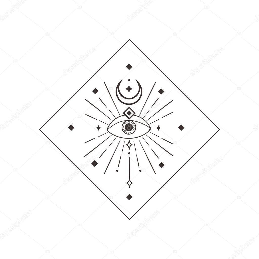 Abstract Black esoteric mystic premade logo design with symbols - decorative moon phases and stars, tribal patterns, Crescent, eye, rectangle. Branding