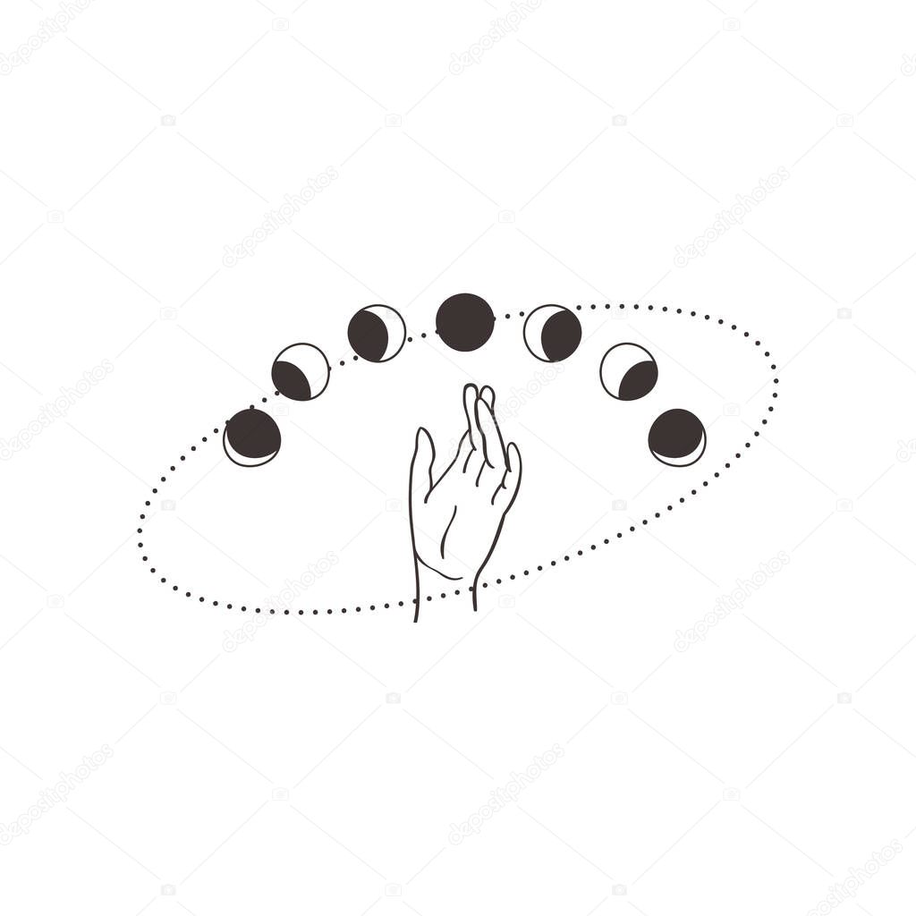 Abstract Black esoteric mystic premade logo design with symbols - decorative moon phases and stars, tribal patterns, Crescent, arm, wrist, hand. Branding