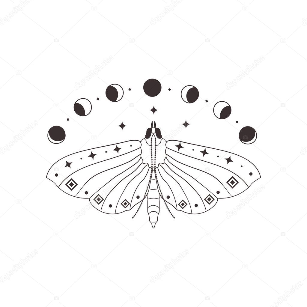 Abstract Black esoteric mystic premade logo design with symbols - decorative moon phases and stars, moth, butterfly, tribal patterns, Crescent, dots. Branding