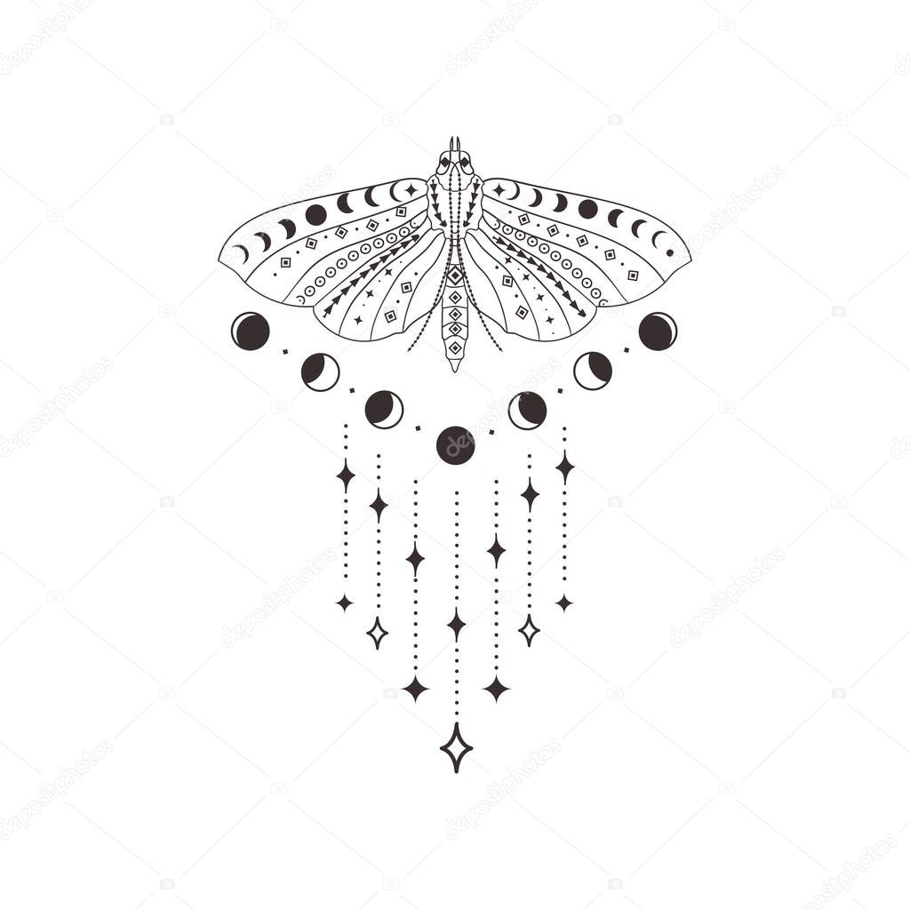 Abstract Black esoteric mystic premade logo design with symbols - decorative moon phases and stars, moth, butterfly, tribal patterns, Crescent, triangle, dots, branches. Branding