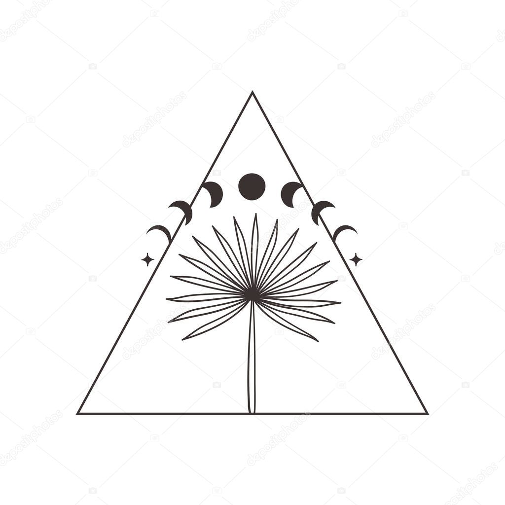 Abstract Black esoteric mystic premade logo design with symbols - decorative moon phases, palm, tribal patterns, Crescent, triangle, dots, circle, branch. Branding