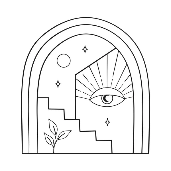 Bohemian Modern Arch Logo Design. Luna, Estrellas — Archivo Imágenes Vectoriales