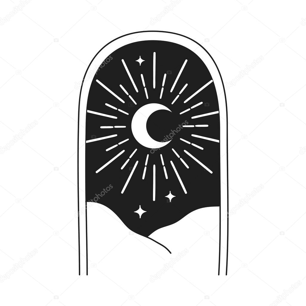 Premade Logo Design. Abstract Esoteric bohemian mystic symbols. Feminine arch moon and night mountains hills sun rays and stars Line art Vector Illustration. Branding