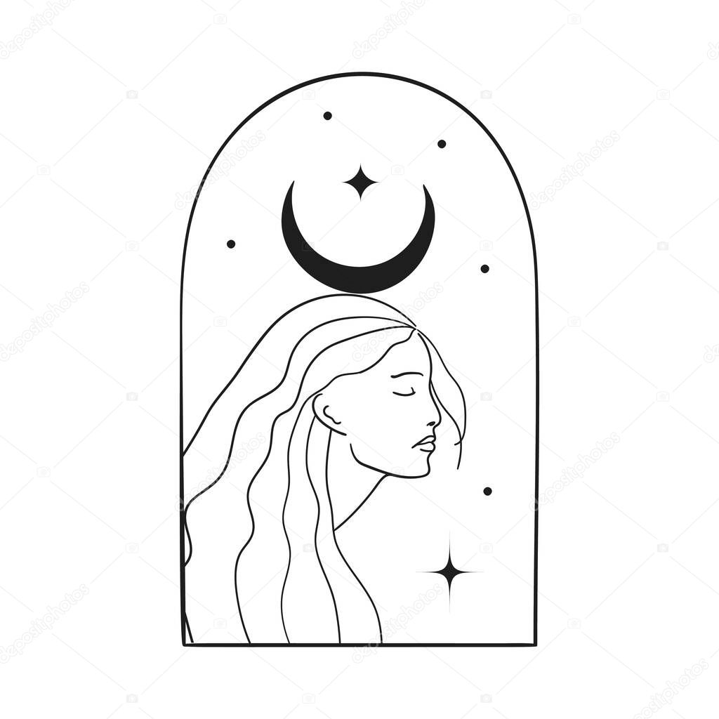 Premade Logo Design. Abstract Esoteric bohemian mystic symbols. Feminine arch moon and stars. Lady, maiden. Line art Vector Illustration. Branding