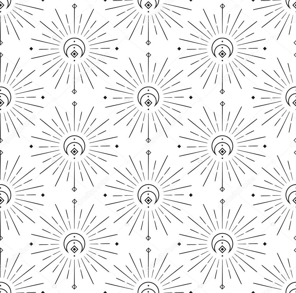 Abstract Background Seamless Pattern with Crescents, Stars, Suns. Mystic Design, Vector Illustration for wrapping tissue paper