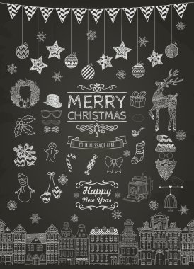 Anahattı hazırlanmış Noel çizilmiş Doodle simgeler kümesi.