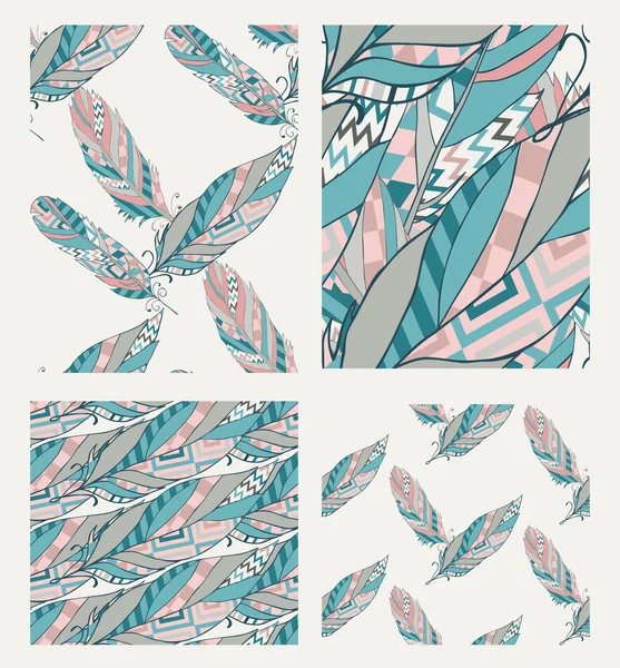 Set of Drawn Patterns with Tribal Feathers — Stock Vector