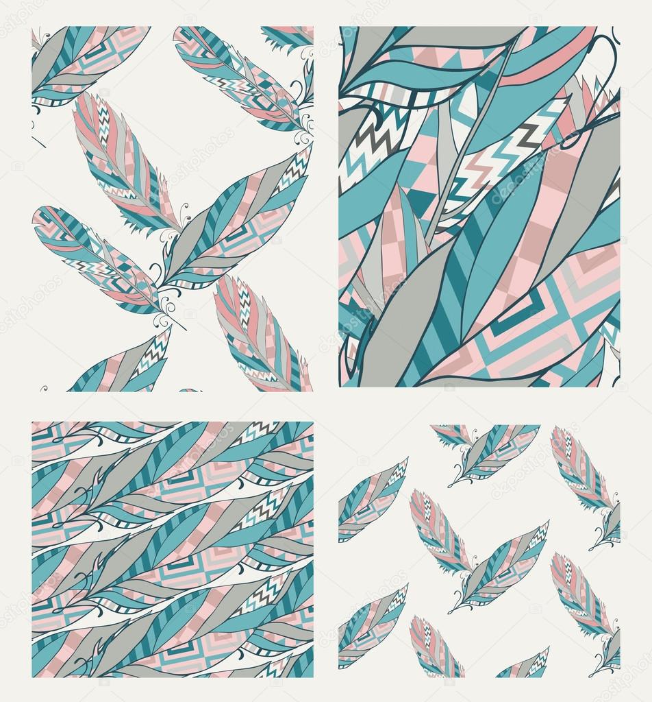 Set of Drawn Patterns with Tribal Feathers