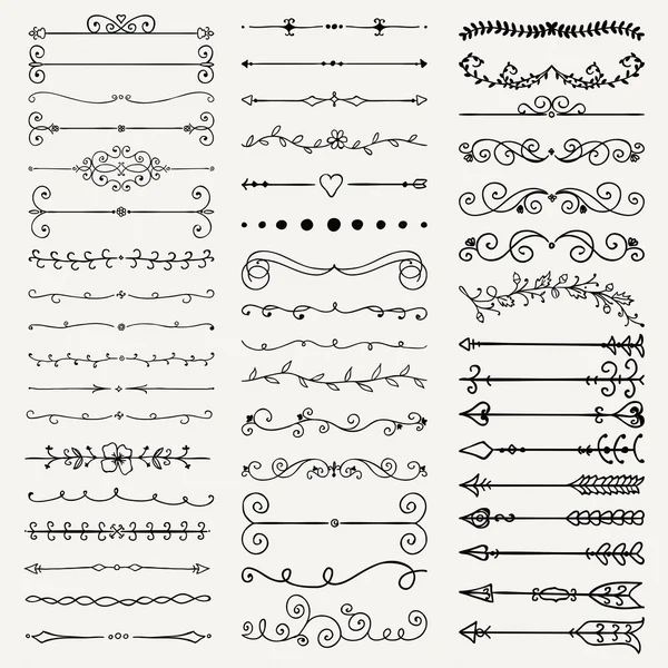 Divisores dibujados a mano negro vectorial, flechas, remolinos — Vector de stock