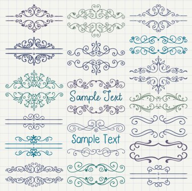 Vektör Bcolorful kalem çizim bölücüler, çerçeveler, Swirls
